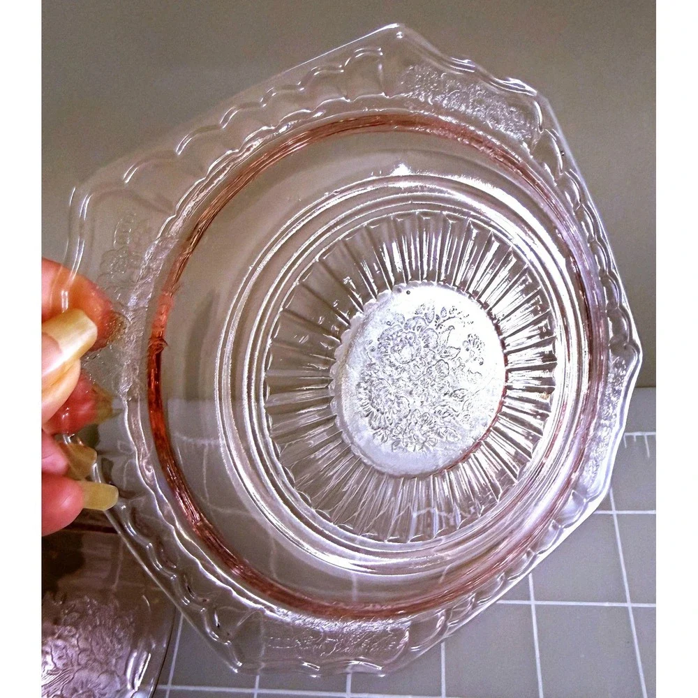 Anchor Hocking Mayfair Open Rose Cup, 2 Saucers Pink Depression Glass 1930s